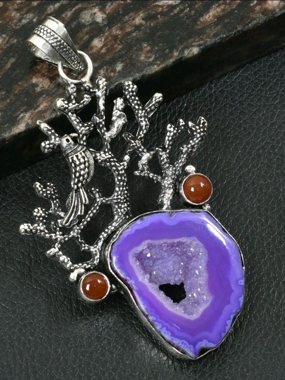 💜✨ Handmade Purple Solar Agate & Carnelian Bird Pendant ✨💜
